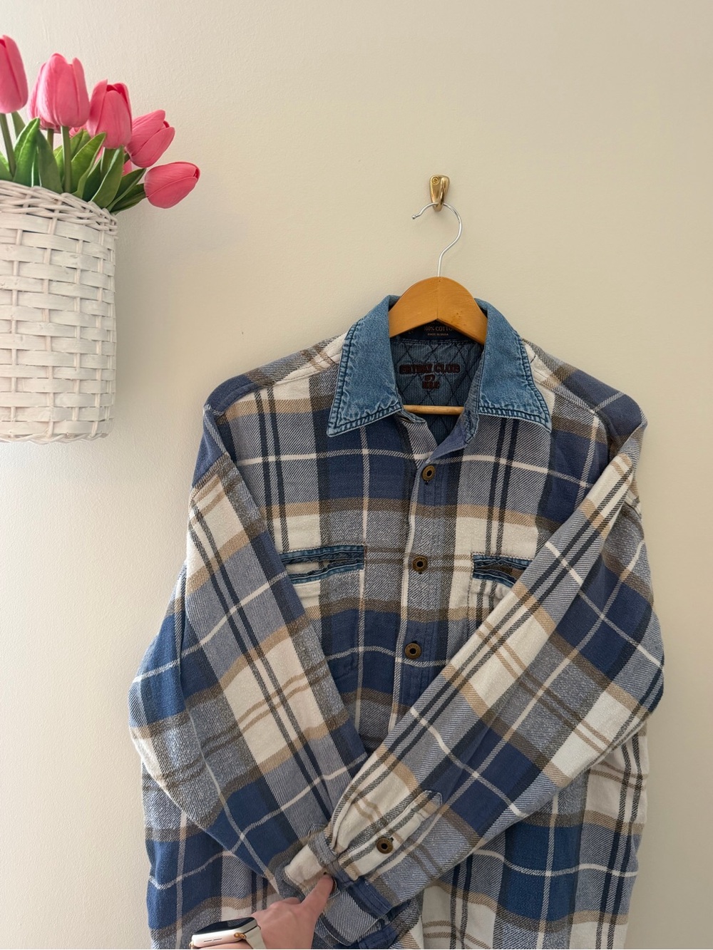 Vintage Blue Plaid Flannel Jacket with Denim Collar